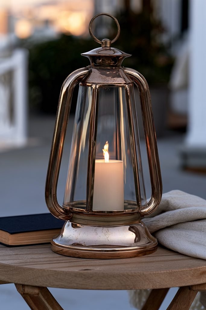 Fall lantern on a porch table with books a throw blanket and a bowl of gourds