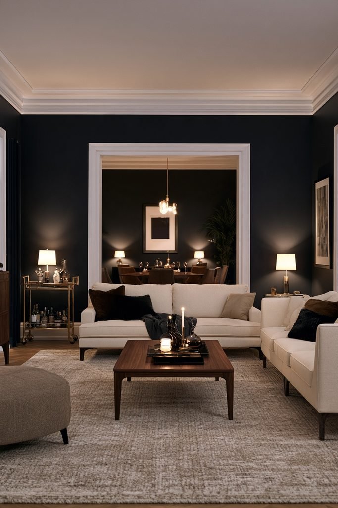 Cozy New Year's Eve living room illuminated by warm 2700K lamps and soft ambient lighting