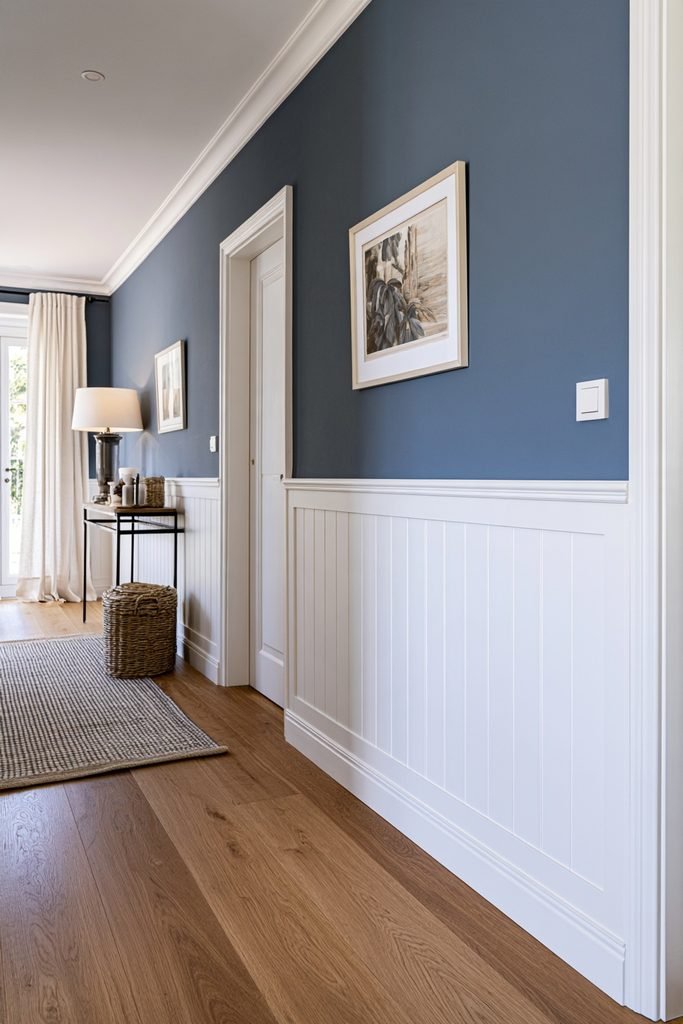 Shaker-style half-wall panelling finished with a traditional dado rail