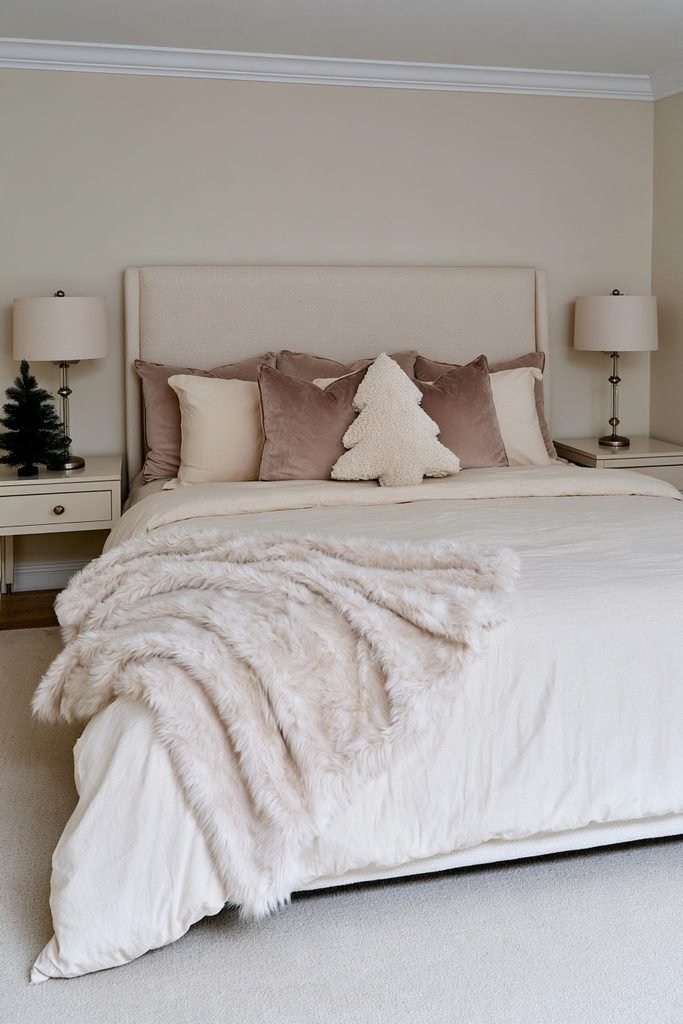 Sherpa Christmas tree pillow with pink pillow shams on a cozy holiday bedroom bed
