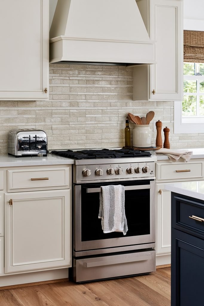 Realistic kitchen with an offset brick bond tile backsplash and naturally styled everyday countertop items.