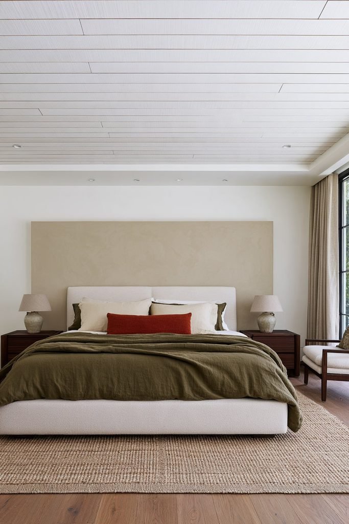 Whitewashed shiplap ceiling adding architectural texture to a warm neutral bedroom with an upholstered bed, olive bedding, and natural wood furniture.