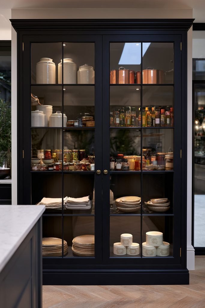 Glass-fronted larder cupboard displaying organized jars, tins, containers, and warm interior lighting