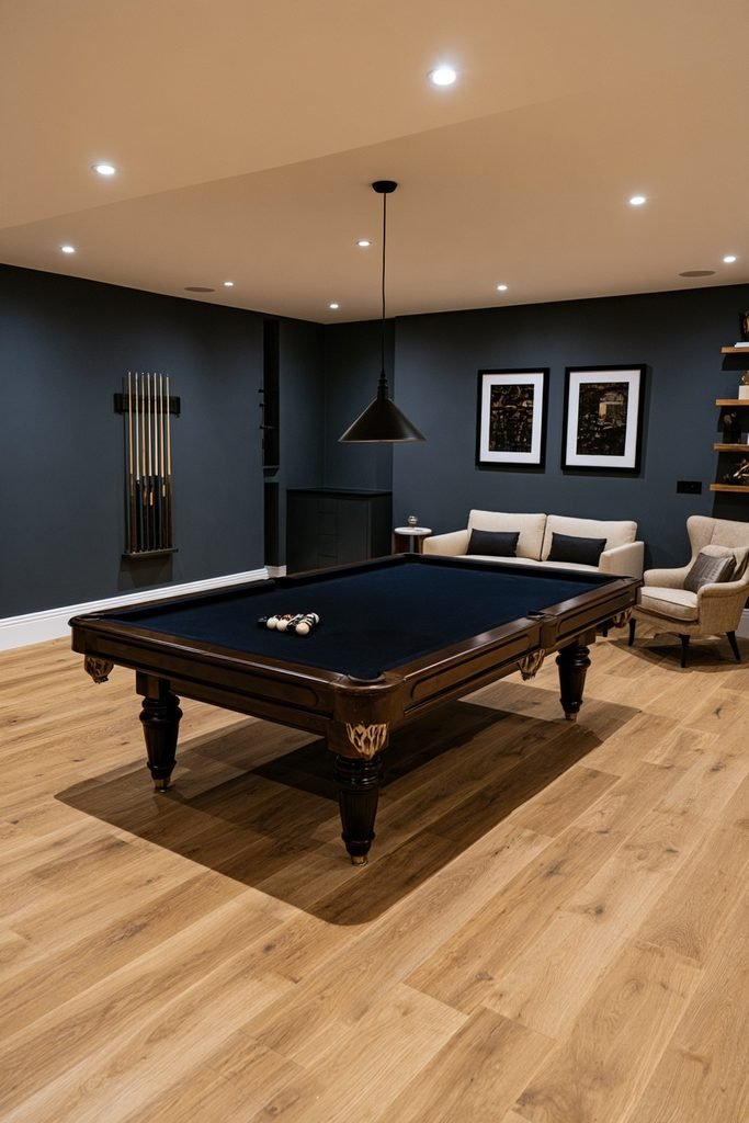 Compact home game room designed around an 8-foot pool table with practical cue clearance, dartboard, gaming seating, and modern storage.