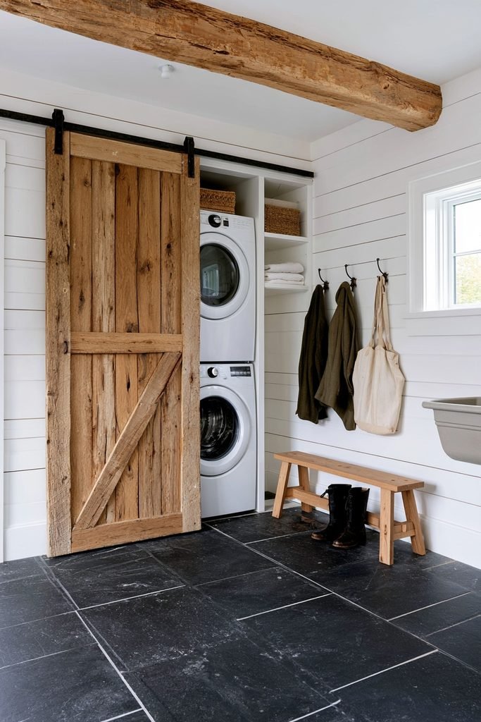 Reclaimed oak sliding barn door concealing laundry appliances in a rustic utility room