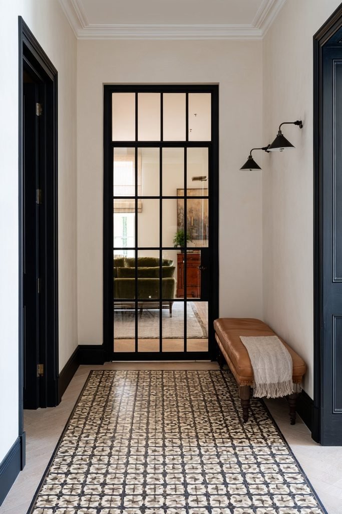 Victorian-style hallway with a slim black Crittall glass door bringing natural light into the entrance