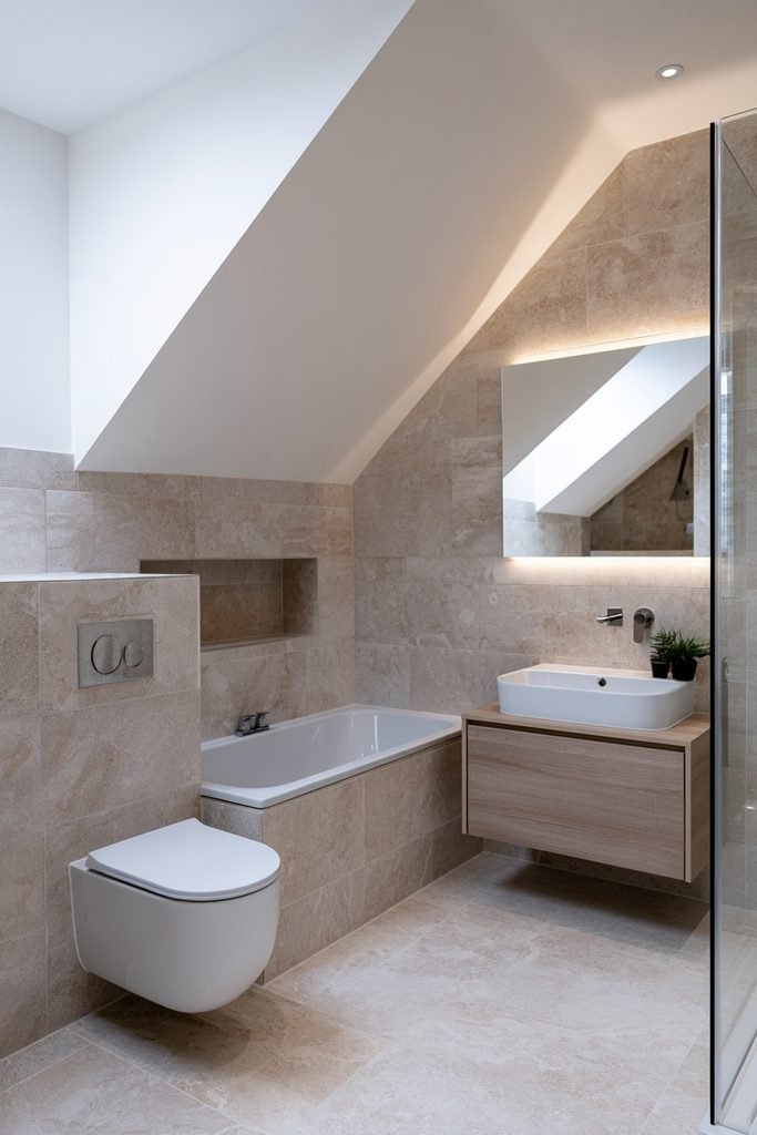 Compact loft en-suite bathroom with sloped ceiling, walk-in shower, wall-hung toilet, bathtub, and eaves storage