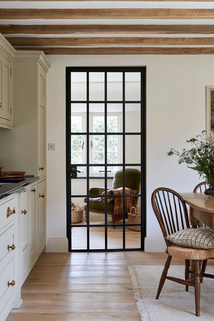 English cottage kitchen with a small-pane Crittall-style glass door and exposed timber beams