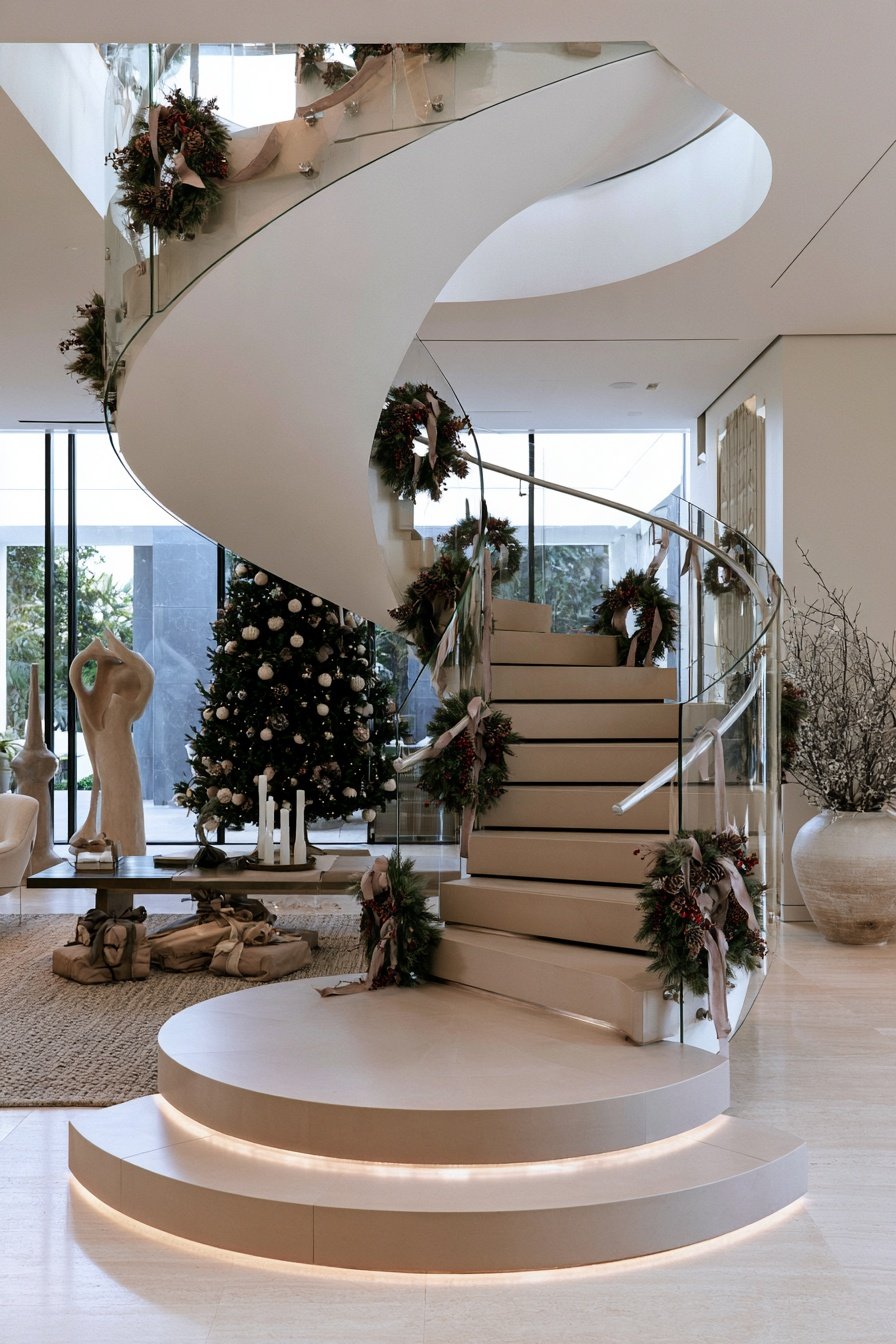 Modern helical staircase decorated with small Christmas wreaths in a stylish contemporary home.