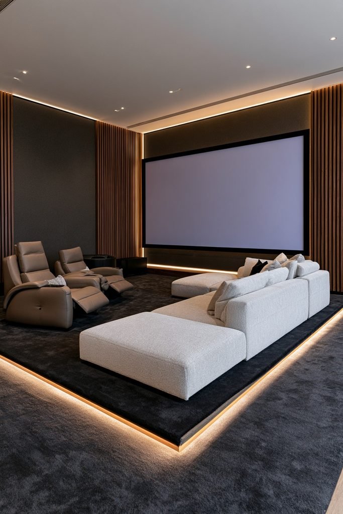 Contemporary home theater with smart LED strip lighting, sectional seating, and large cinema screen