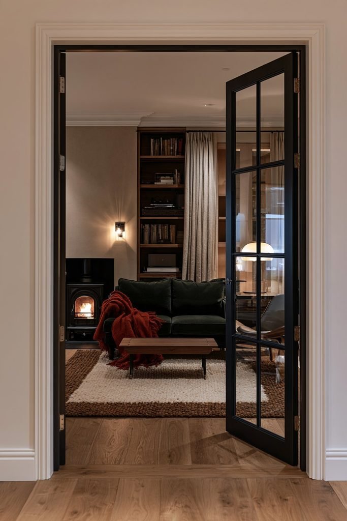 Cozy British snug with a dark Crittall glass door, fireplace, green sofa and textured wool rug