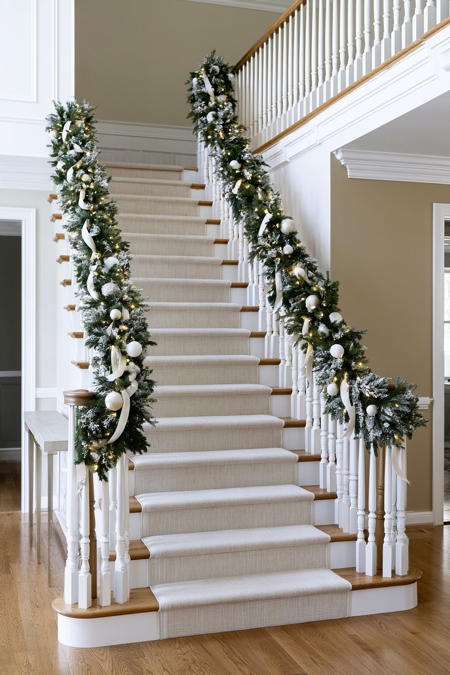 Modern cantilevered staircase decorated with soft white and ivory Christmas decorations in a luxury winter interior.