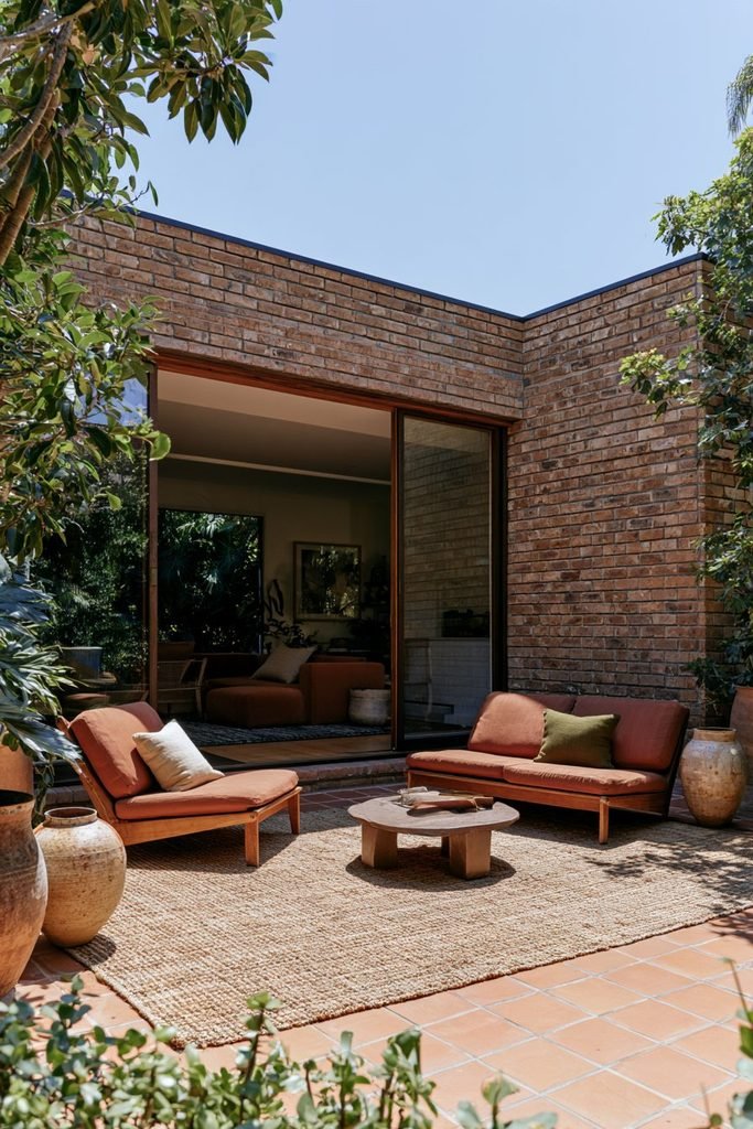 Retro house courtyard with an outdoor rug, cushioned seating, plants, and paved flooring