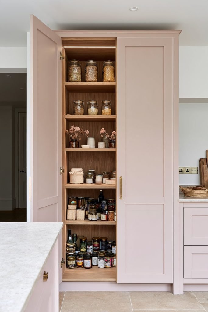 Blush pink larder cupboard with pale oak shelves, aged brass hardware, glass grain jars, dried flowers, and pantry storage