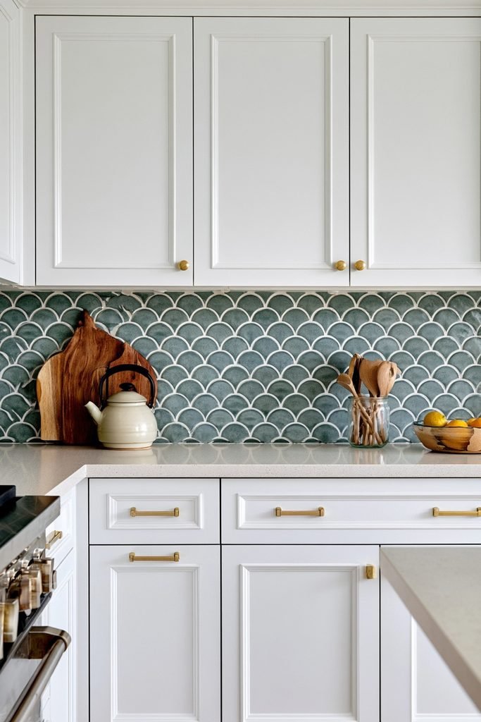Bright kitchen with a soft scalloped fish scale tile backsplash in muted seafoam green ceramic.