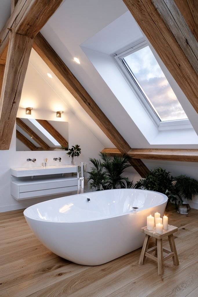 Compact loft spa bathroom with sloped ceiling, freestanding bathtub, timber beams, rooflight, and warm natural finishes