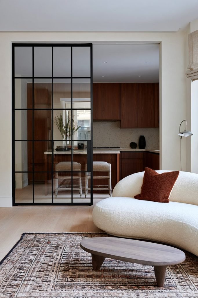 Compact apartment with a sliding black Crittall glass door separating the kitchen and living room