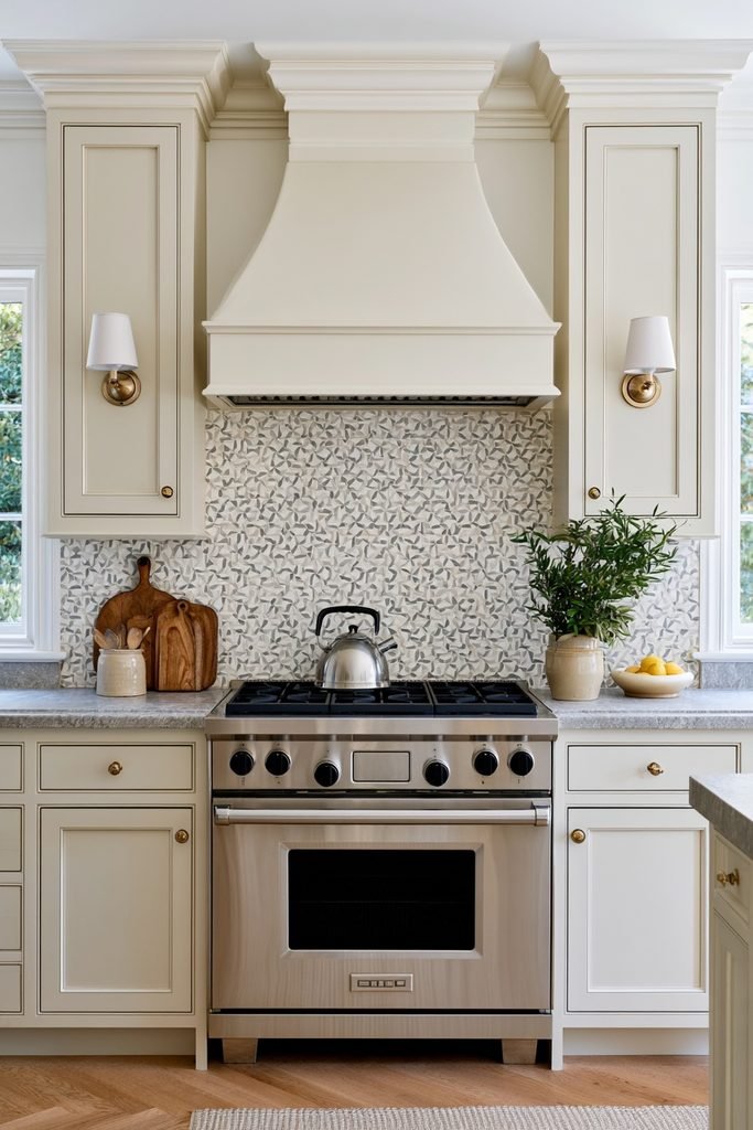 Kitchen range area featuring a windmill pinwheel tile backsplash pattern with realistic cooking and countertop accessories.