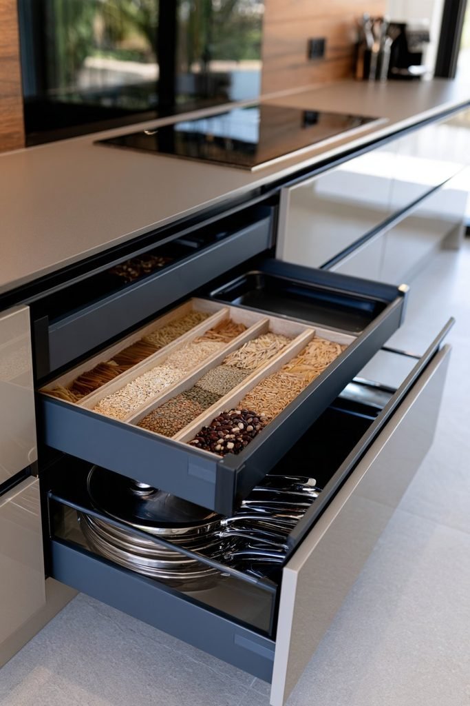Kitchen larder storage with deep wooden drawers and dividers organizing pasta, rice, grains, and dry foods