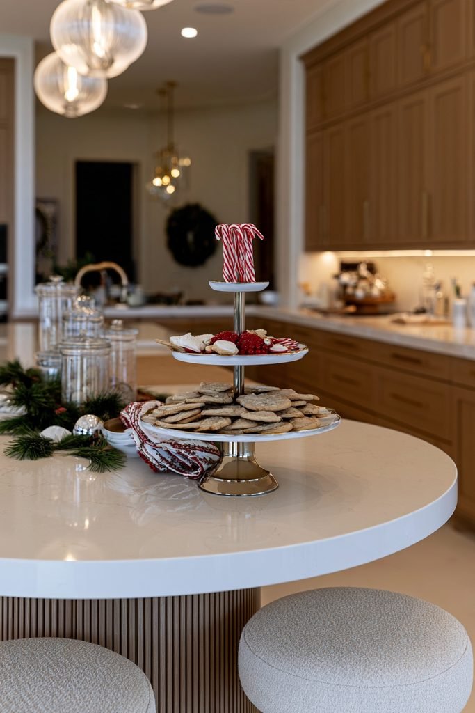 Tiered cake stand filled with Christmas cookies and holiday treats in a kitchen
