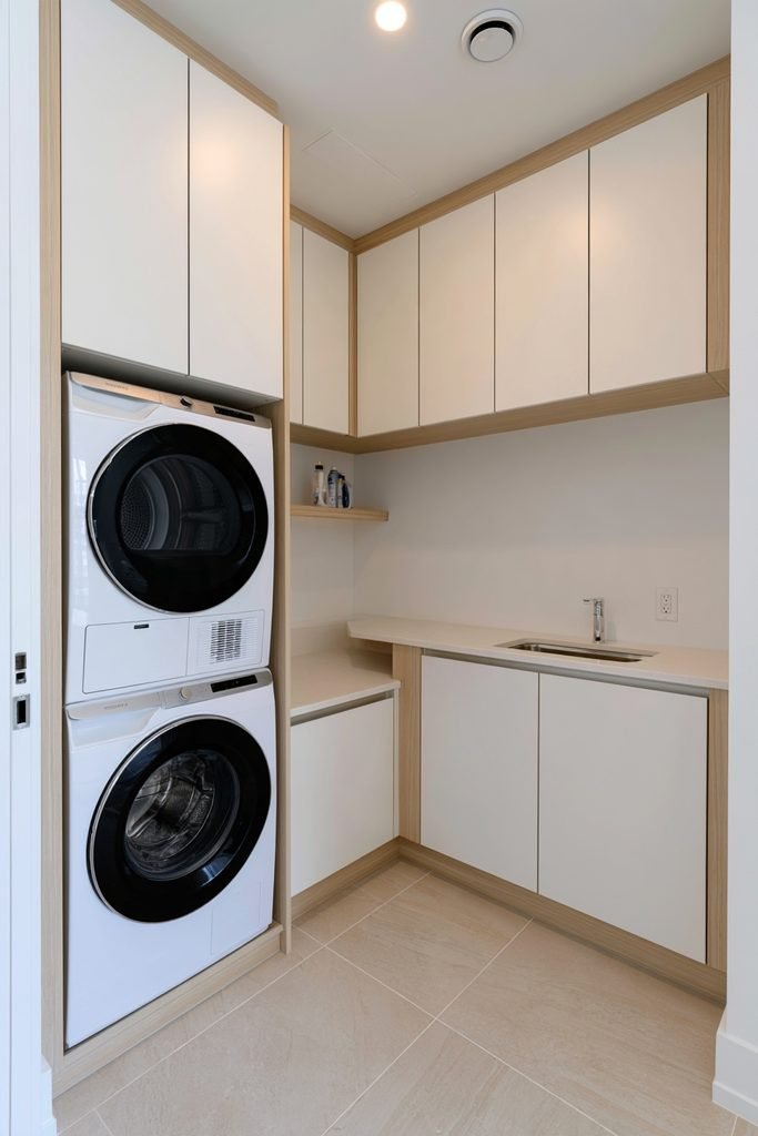 Stacked washer and dryer inside walnut cabinetry in a compact modern utility room
