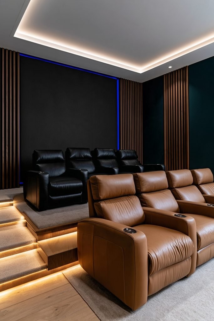 Stadium-style home theater with rows of leather recliners facing a large cinema screen