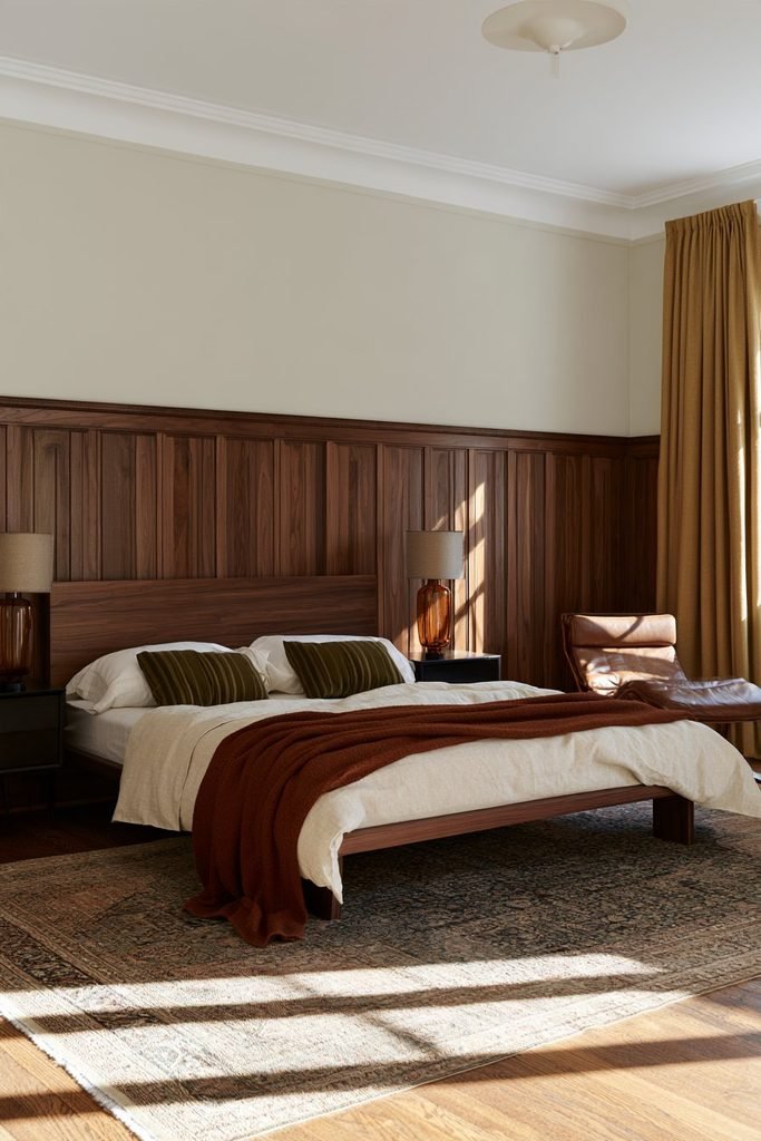 Warm walnut stained wood wainscoting surrounding a vintage-inspired bedroom with a low-profile wooden bed, Persian rug and linen curtains