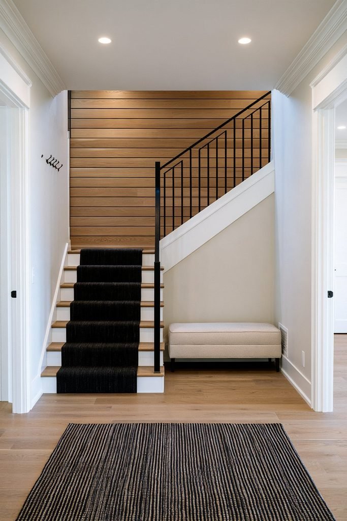 Stained natural wood shiplap wall along a residential staircase landing with black railing, oak flooring, and warm neutral walls.
