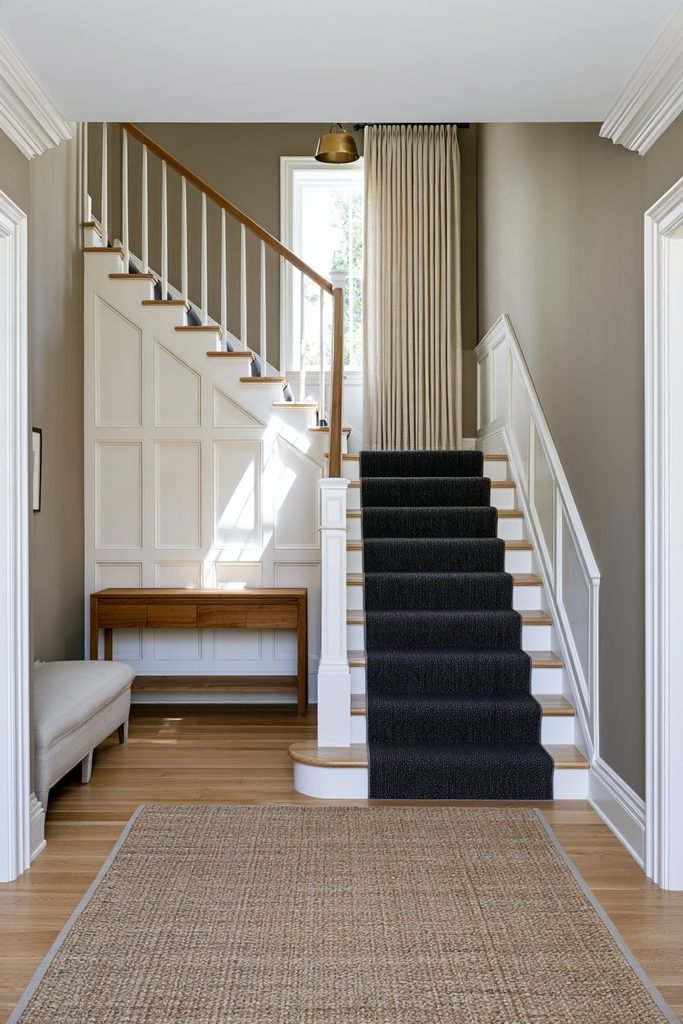 Classic white wainscoting following the rise of a staircase in an elegant residential hallway with traditional architectural trim