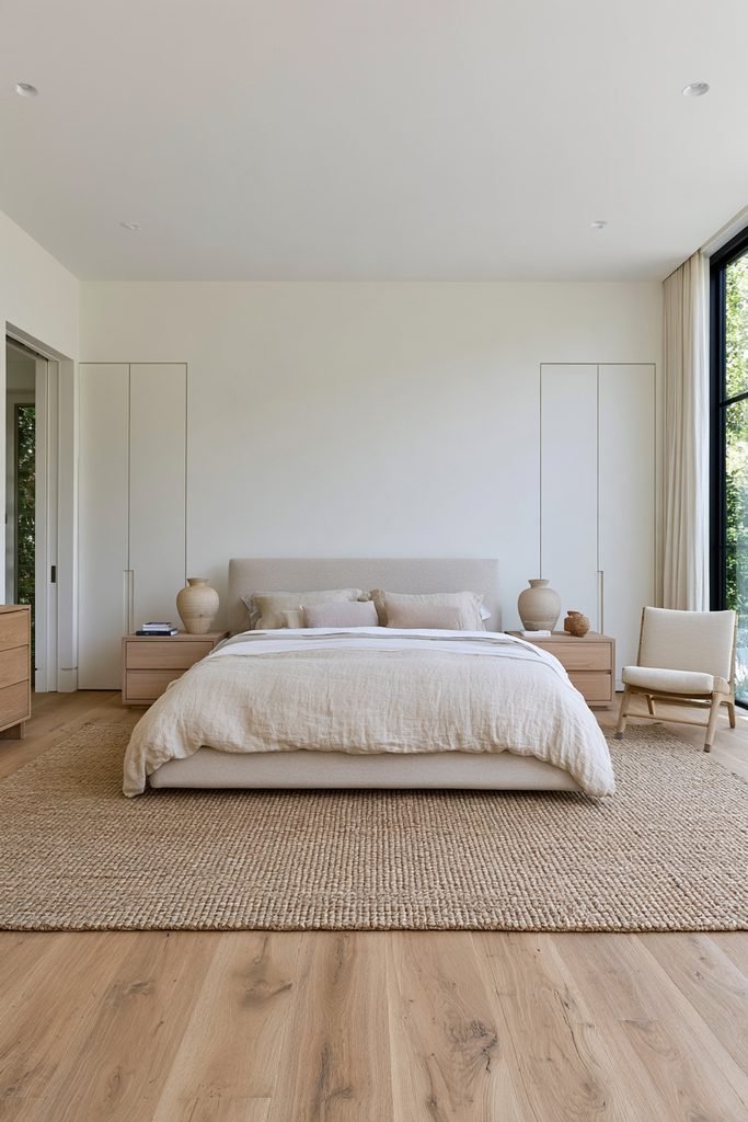 Scandinavian bedroom with warm white walls, natural oak furniture, linen bedding, and soft daylight