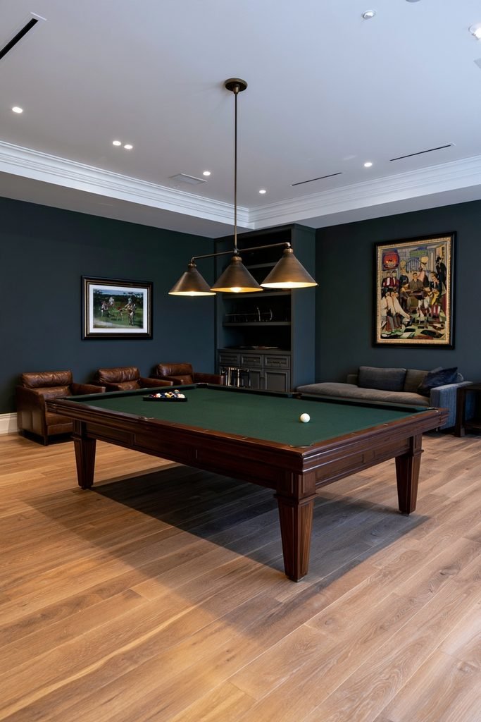 Modern basement game room with a full-size pool table, contemporary seating, gaming decor, acoustic wall panels, and warm LED lightin