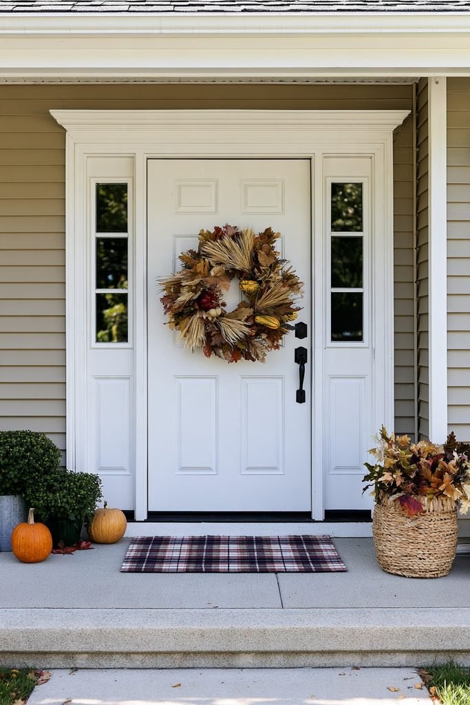 Thanksgiving front door with a natural autumn wreath made from dried leaves, wheat, and small gourds.