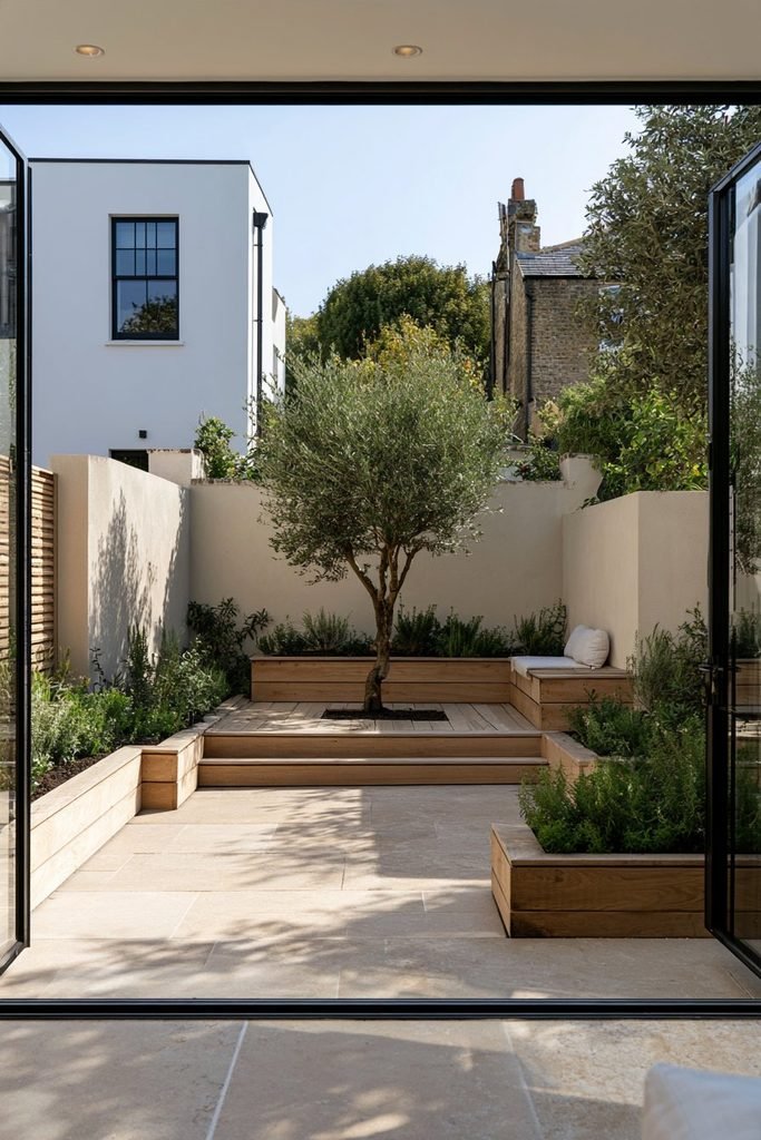 Modern house courtyard with simple stone, wood, and neutral material palette