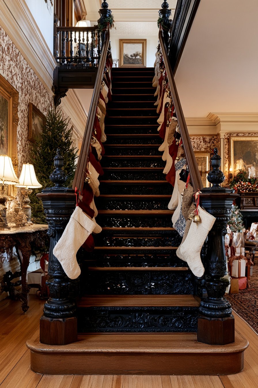 Victorian wooden staircase decorated with elegant Christmas stockings in a traditional holiday home.