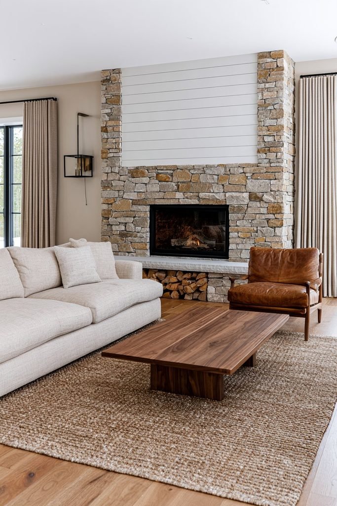 Painted shiplap feature wall paired with a natural limestone fireplace in a modern rustic living room with leather seating and warm wood flooring.