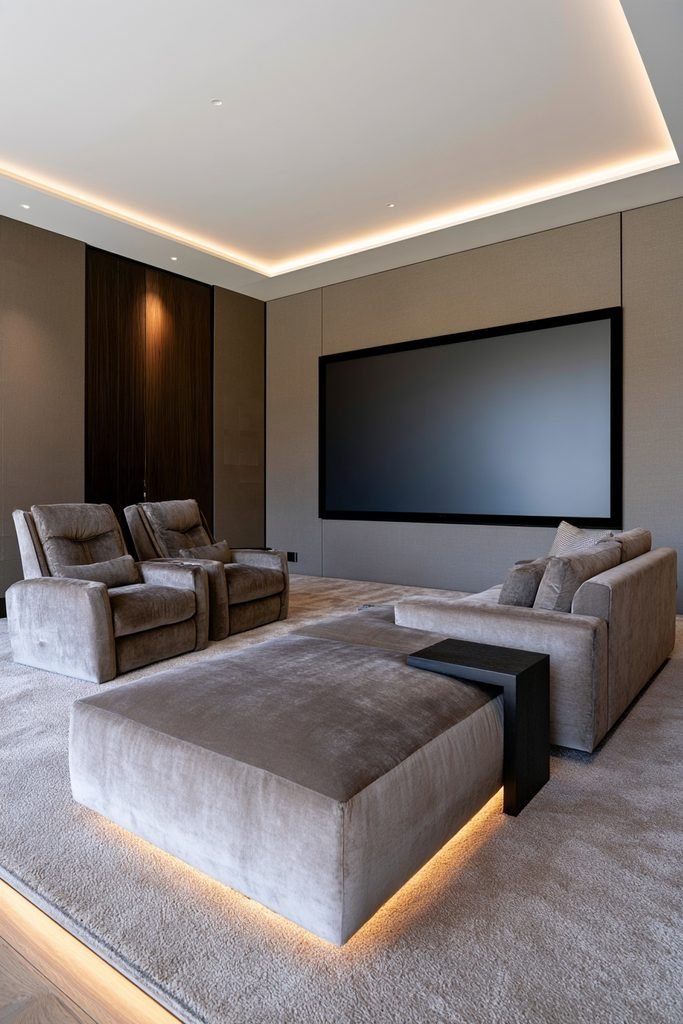 Compact home cinema with storage ottomans, comfortable recliners, and screen-facing seating