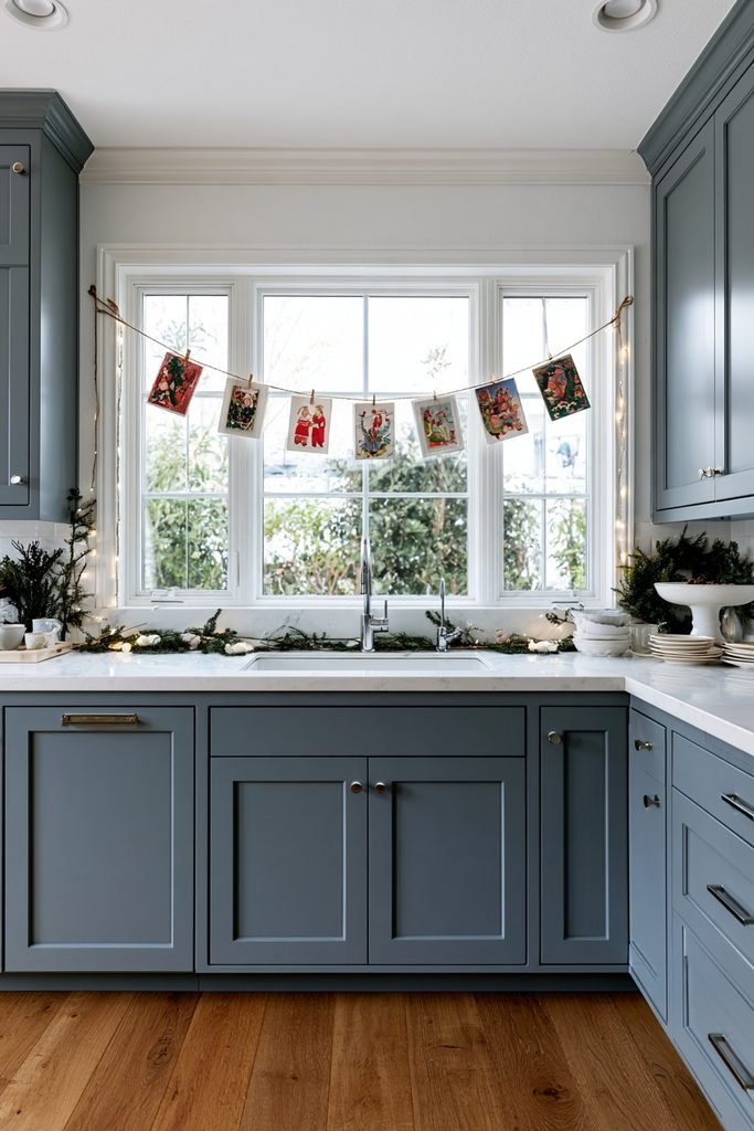 Holiday card garland clipped across a Christmas kitchen window