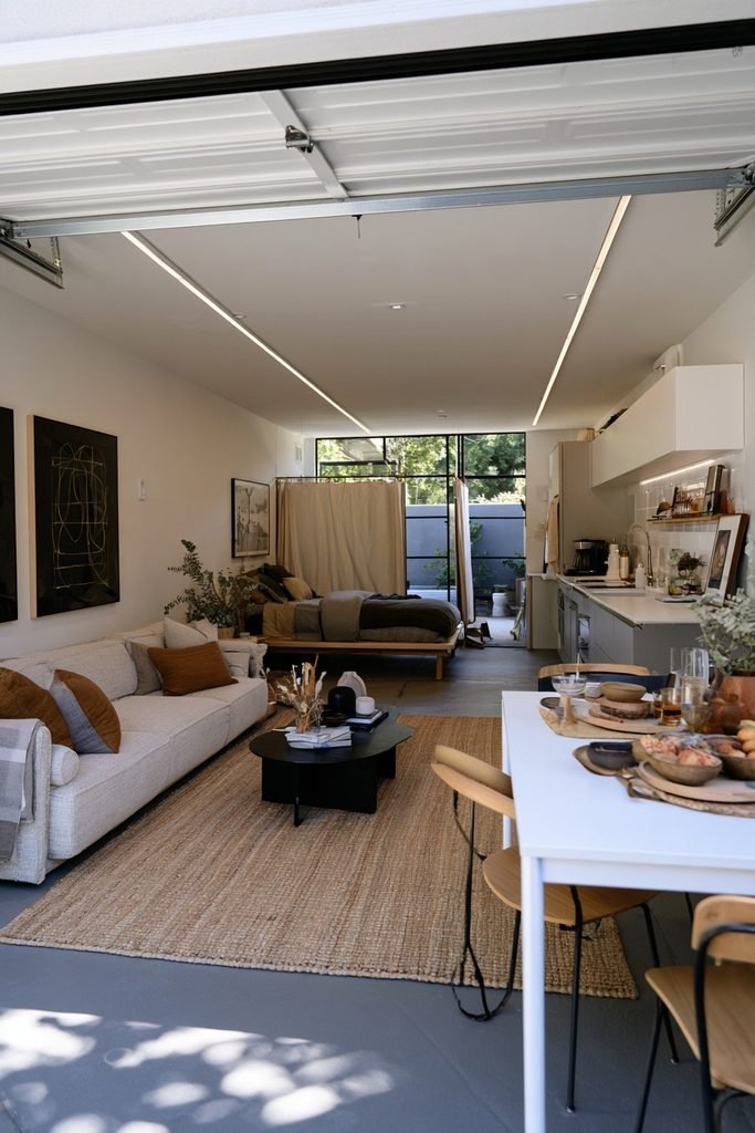 Compact garage conversion studio apartment with a kitchenette, sleeping area, bathroom, and sliding room divider.