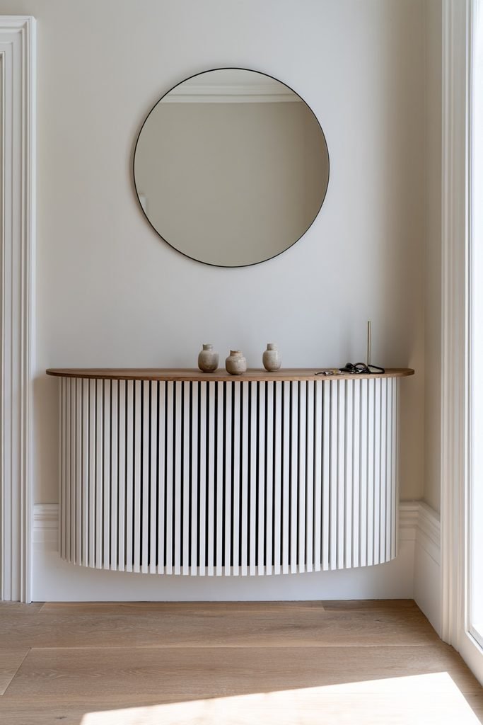 Entryway radiator cover styled as a console table with vases and wall mirror