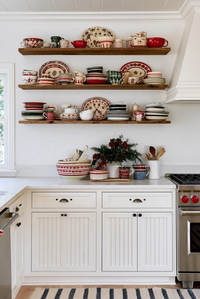 Open kitchen shelves decorated with Christmas dishware, greenery, and warm lights
