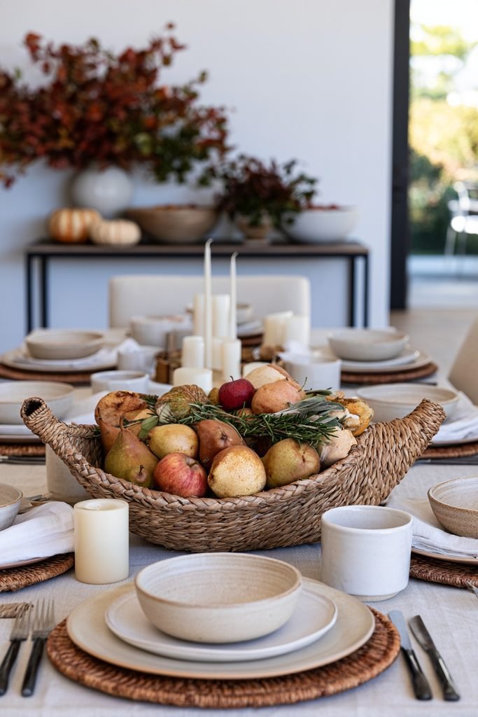 Modern Thanksgiving cornucopia centerpiece filled with seasonal pears, apples, small gourds, and greenery.