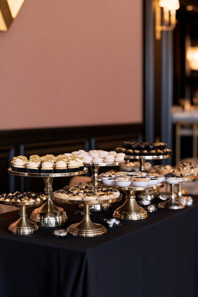 Festive New Year's Eve dessert table with gold-dusted treats, cake stands, and sundae toppings