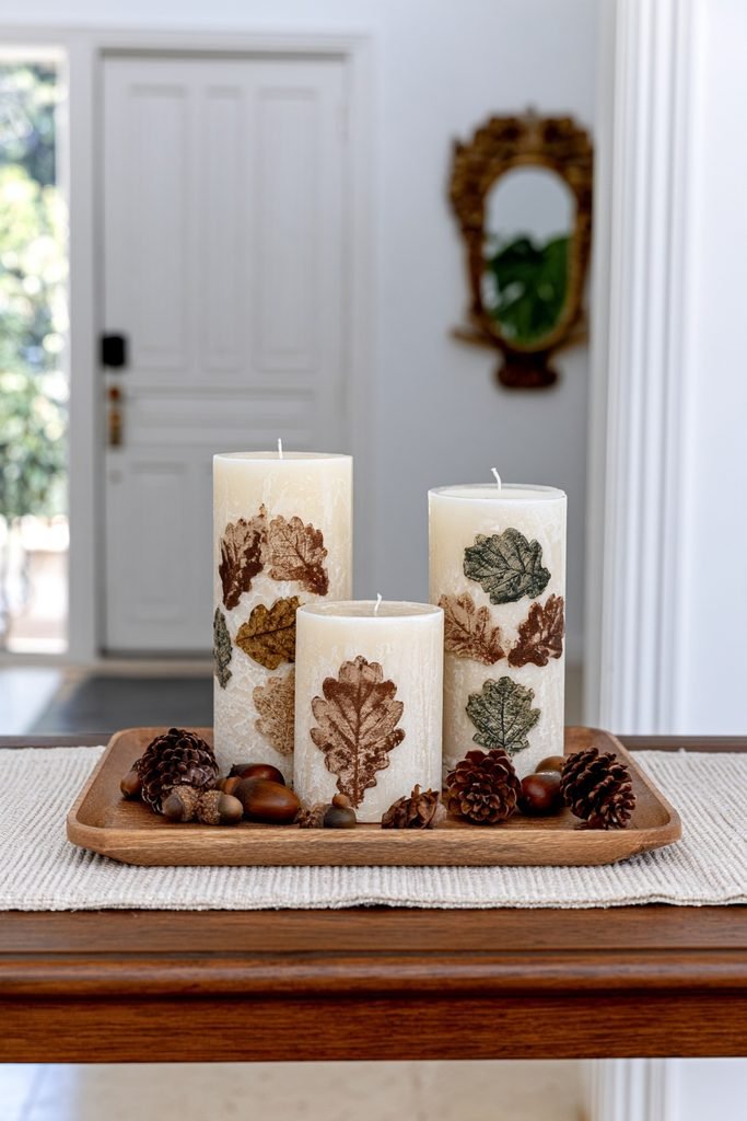 Fall leaf candles arranged with acorns and pinecones in a cozy autumn entryway centerpiece.