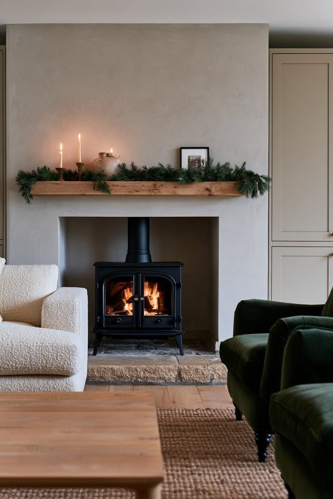Cozy winter living room with a black log burner beneath an oak mantle decorated with pine branches, candles, ceramics, cream sofa, and green armchairs.