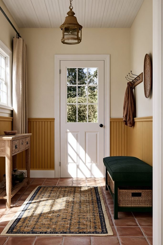 Sunny yellow beadboard wainscoting in a cheerful country cottage entryway with neutral furnishings and natural wood flooring