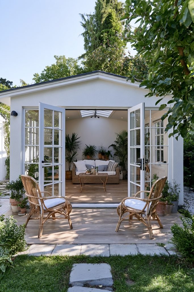 Garage conversion sunroom with large windows, French doors, rattan seating, natural flooring, and potted plants.