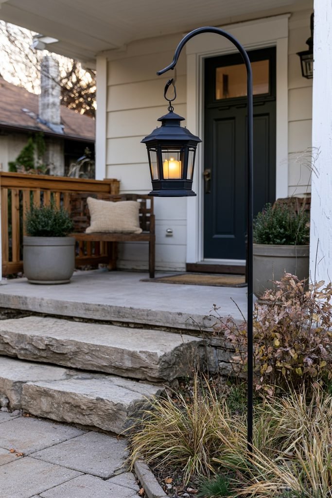 Outdoor lantern hanging from a shepherd's hook beside a fall front porch entrance