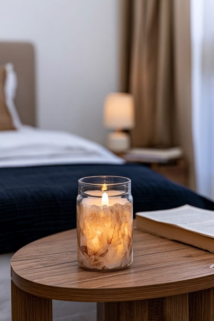Flameless fall leaf candle jars creating a cozy and safe autumn bedroom decor arrangement.