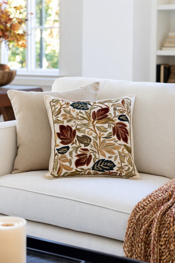 Neutral living room sofa featuring an embroidered Thanksgiving throw pillow with an elegant autumn design.