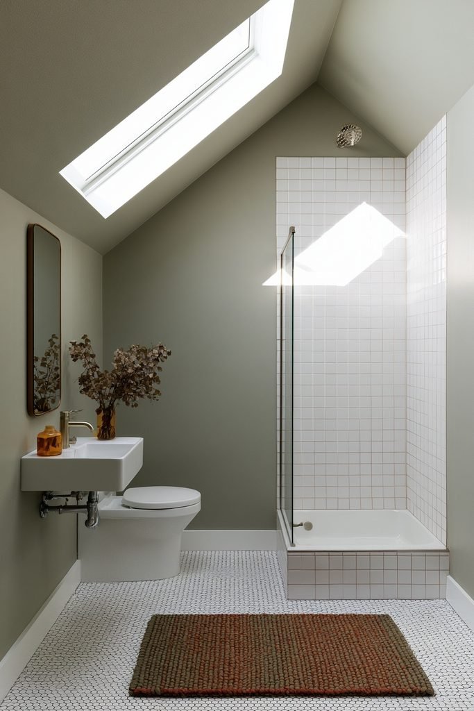 Small bathroom with a textured rust-colored bath mat and warm fall decor